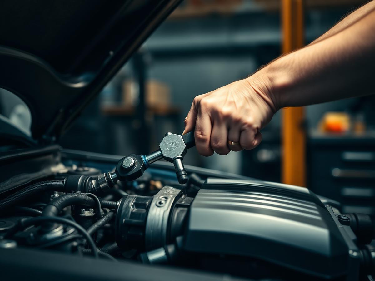 Mecânico apertando peça do motor com torquímetro durante atendimento